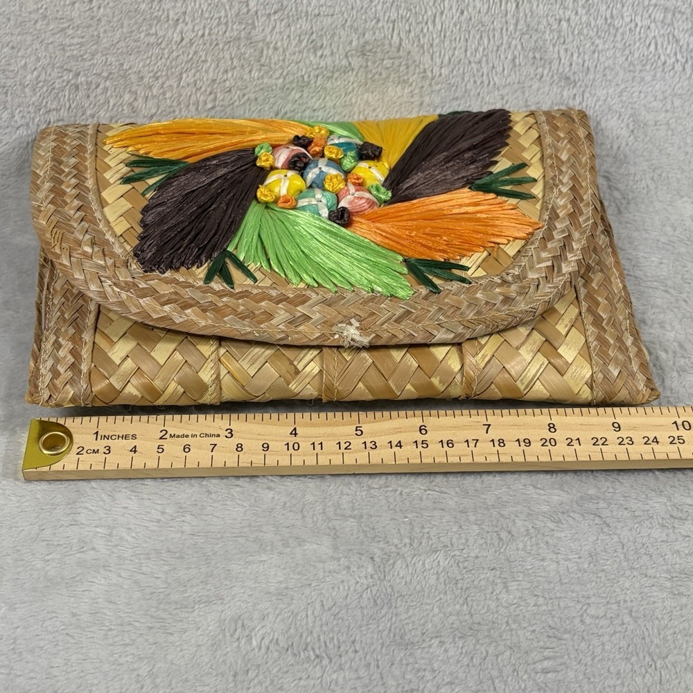 Vintage Woven Straw Envelope Clutch Colorful Raffia Tassel Beaded Boho Bag - Picture 7 of 9